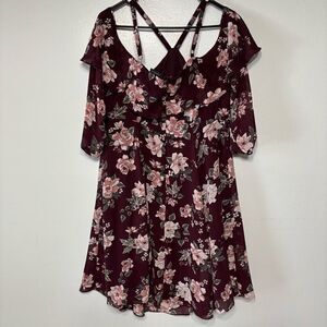 Torrid Black Floral Pattern Off Shoulder Mini Dress With Cross Back